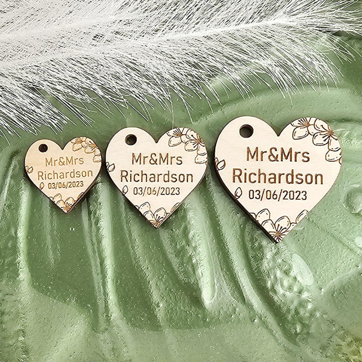 Wedding Heart Favours - Personalised Wooden Thank You Tokens,  Custom Engraved Rustic Gift Tags