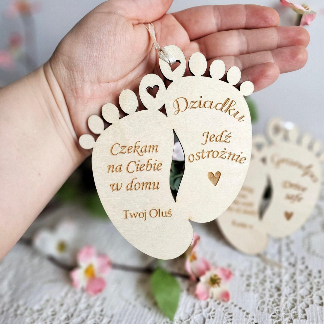 Personalised Drive Safe Wooden Pendant, Car Mirror Baby Feet Lucky Charm, Gift for Dzien Babci Dziadka, Grandfather Grandmother Mum Dad