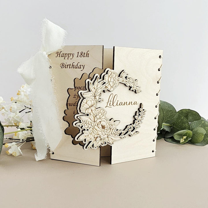 Personalised Birthday Wooden Card - Rustic Peony Keepsake