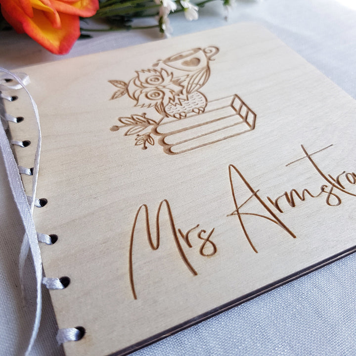 Personalized Owl Coffee Card - Custom Wooden Graduation Keepsake for Teachers