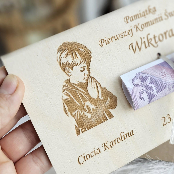 Personalised First Holy Communion Wooden Money Card - Praying Boy