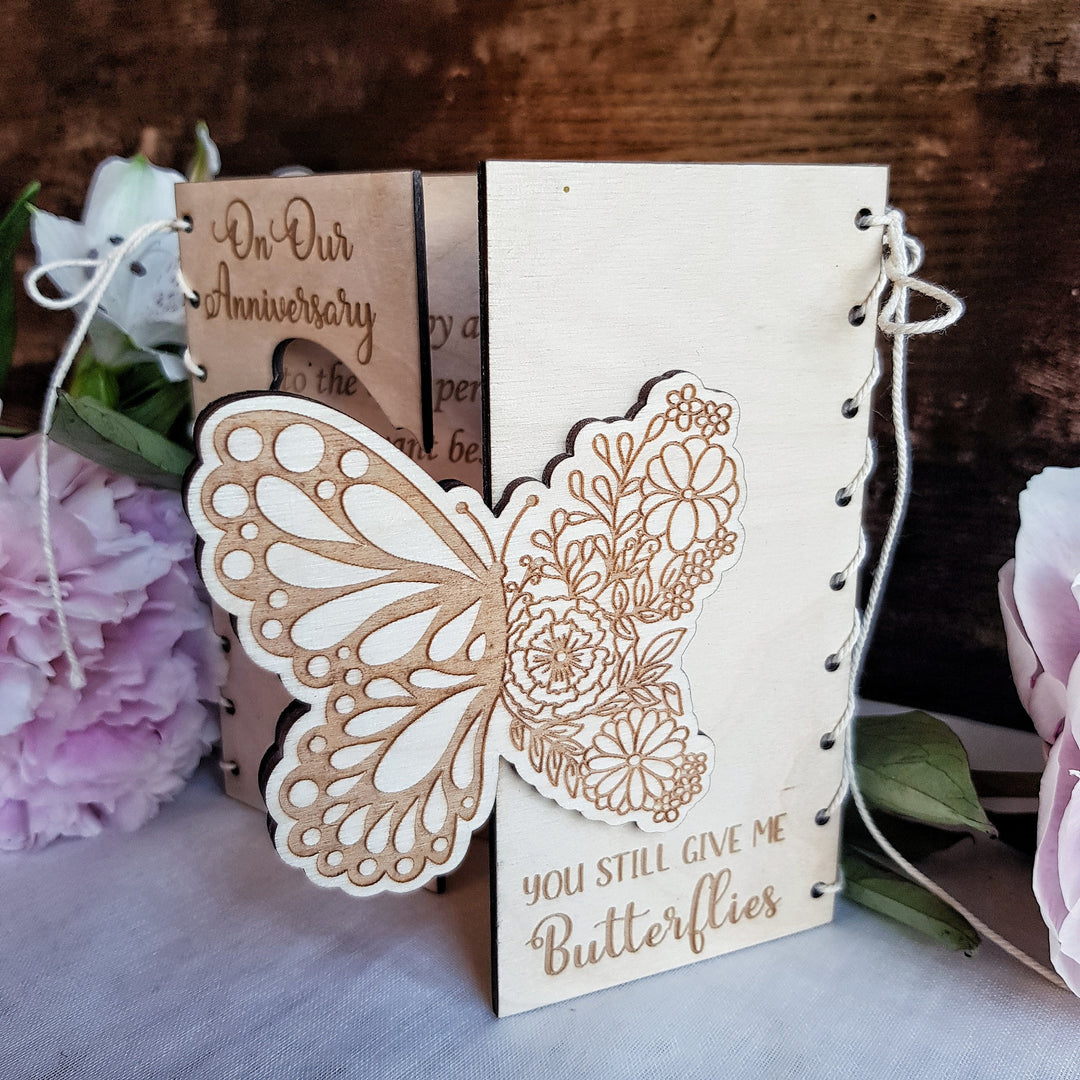 Personalised Anniversary Card - 'You Still Give Me Butterflies' Boho Butterfly - Rustic Wooden Keepsake Gift, Couple Gift