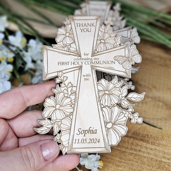 Personalised First Holy Communion Floral Cross Magnet - Thank You Wooden Gift - Baptism Christening Naming Ceremony Confirmation Favours