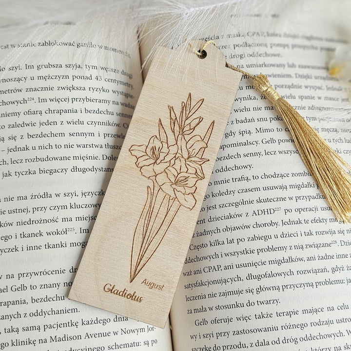 Birth Flower Bookmark August Gladiolus - Personalised Wooden Gift for Book Lovers
