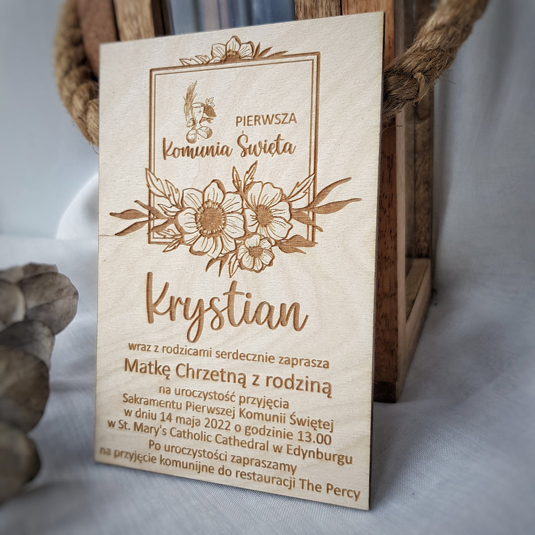 Wooden First Holy Communion Invitation – Personalised Engraved Floral Keepsake Card
