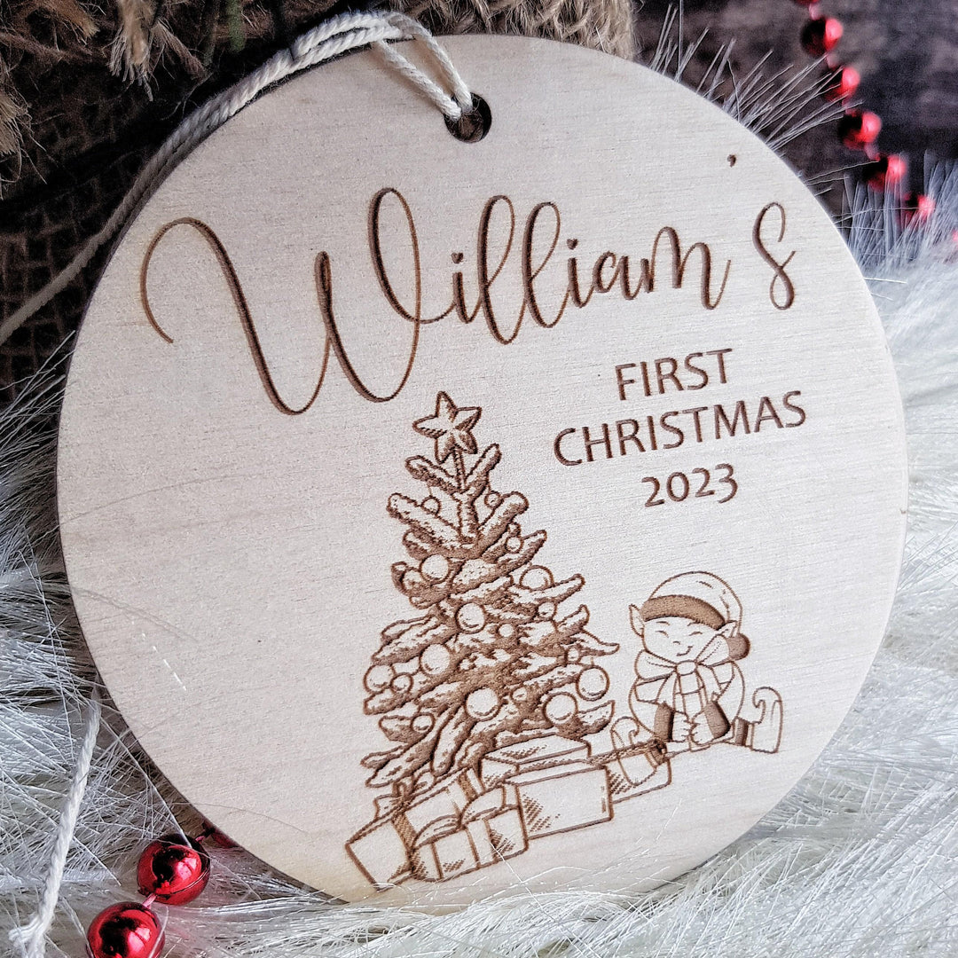 Personalised Babys First Christmas Tree Bauble - Round Wooden Ornament with Name and Festive Design