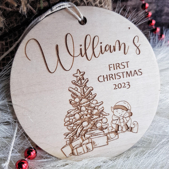 Personalised Babys First Christmas Tree Bauble - Round Wooden Ornament with Name and Festive Design