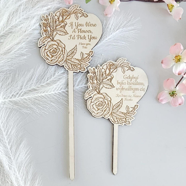 Personalised Plant Gift Tag – Rose Heart Wooden Stake for Birthday & Mother's Day