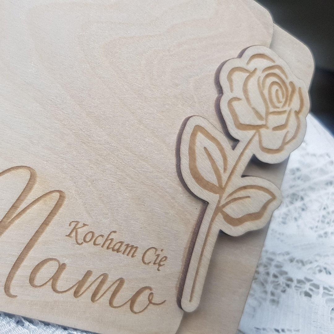 Personalised Wooden Card with Rose Flower - Mother's Day, Birthday, Anniversary, Wedding, Engagement, Housewarming, Dzien Matki, Dzien Babci