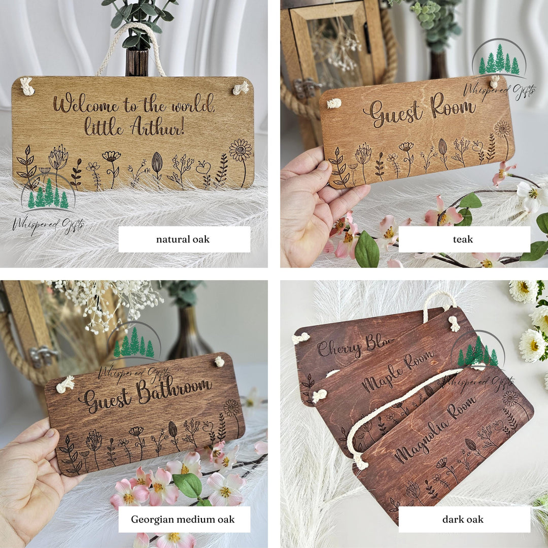 Handmade Personalised Rustic Wooden Plaque - Floral Design - Laser Engraved - Perfect for Bedroom Doors, Offices & More