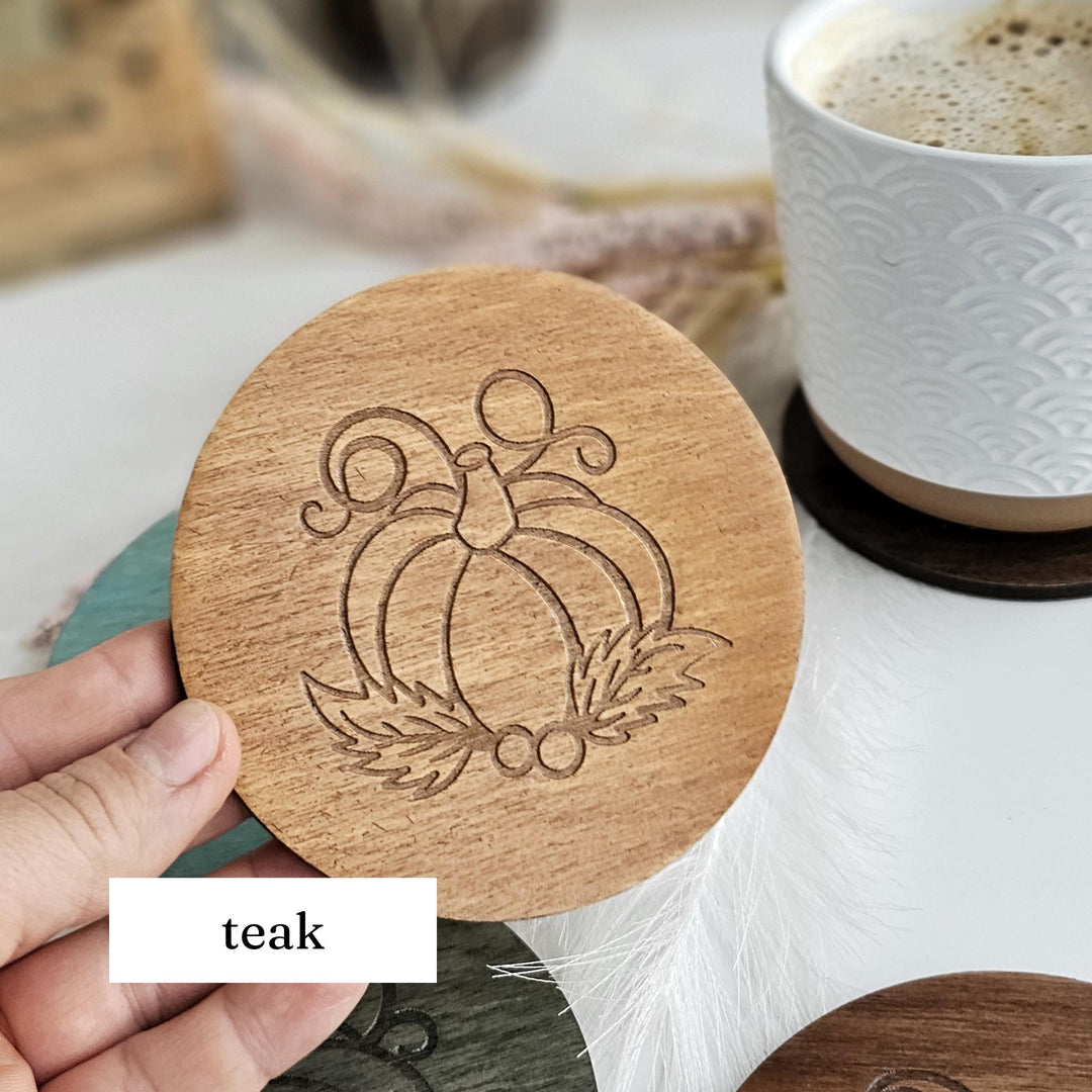 Autumn Pumpkin Wooden Coasters - Cosy Fall Drink Coaster, Decorative Halloween Table Decor, Handmade Gift Idea - Set of 4 coasters