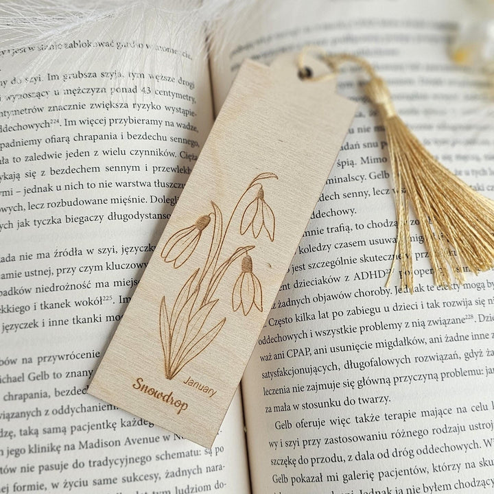 Birth Flower Bookmark January Snowdrop - Personalised Wooden Gift for Book Lovers