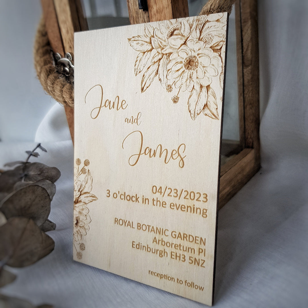 Personalised Rustic Wooden Wedding Invitation - Flowers design - Birthday Anniversary Baptism Christening Confirmation Party Dinner Invite