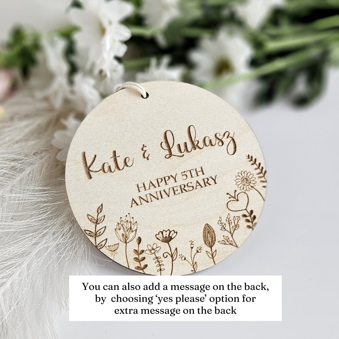 Wooden Anniversary Ornament Floral Meadow, Personalised Keepsake, Hanging decoration