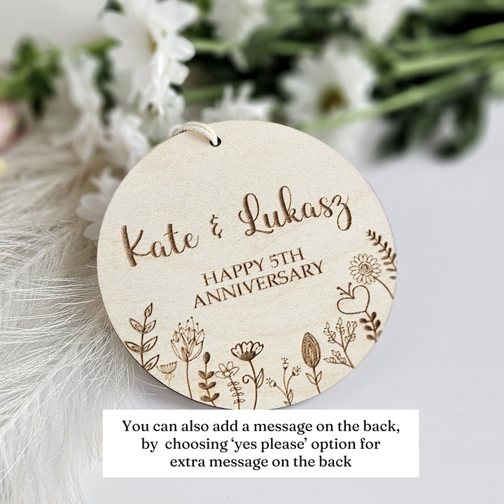 Wooden Anniversary Ornament Floral Meadow, Personalised Keepsake, Hanging decoration