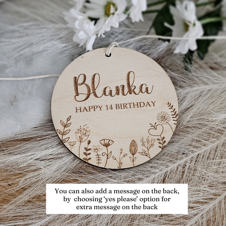 Wooden Birthday Ornament Floral Meadow, Personalised Keepsake, Hanging decoration