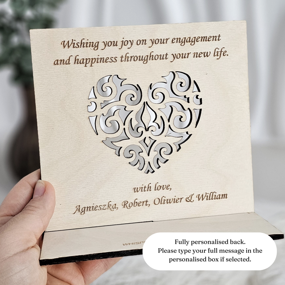 Personalised Engagement Heart Wooden Card - Freestanding Keepsake | Wedding, Anniversary, Valentine’s Day Gift