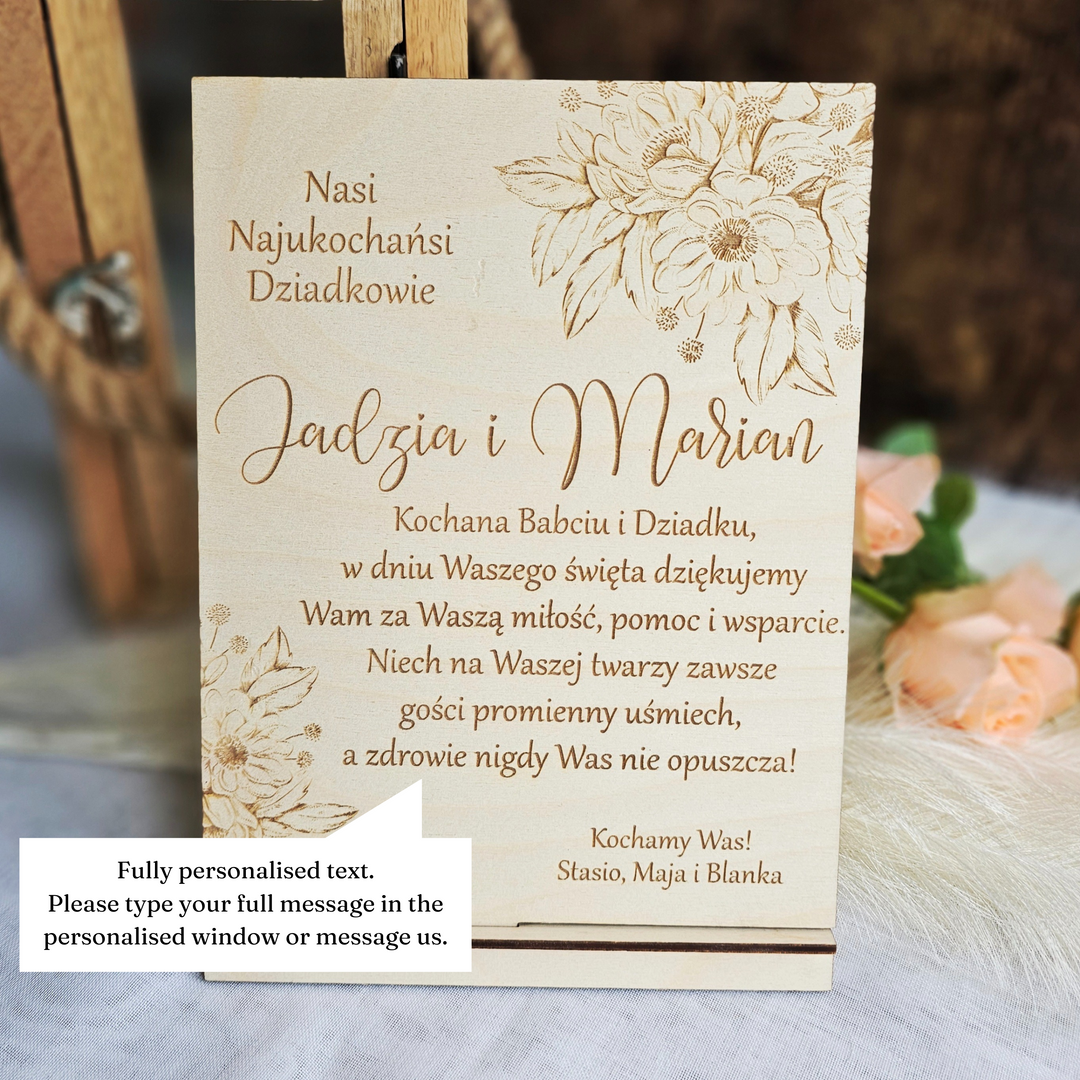 Rustic Wooden Polish Dzien Babci i Dziadka Sign Gift Keepsake with Personalised Wishes and Beautiful Flower Touch