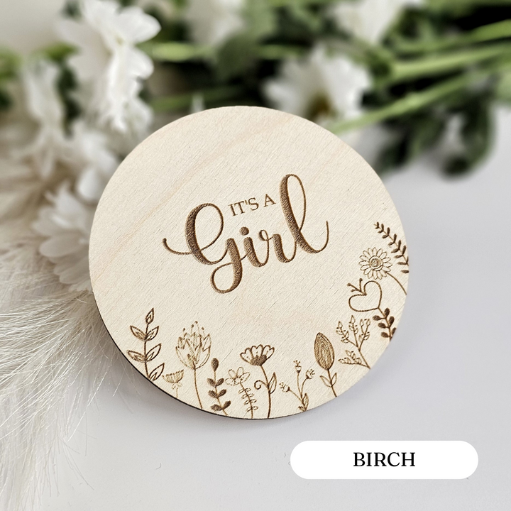 Wooden Baby Announcement It's a boy/girl - Floral Meadow - Milestone Card / Discs Photo Prop Plaque - Social Media Flat Lay Prop