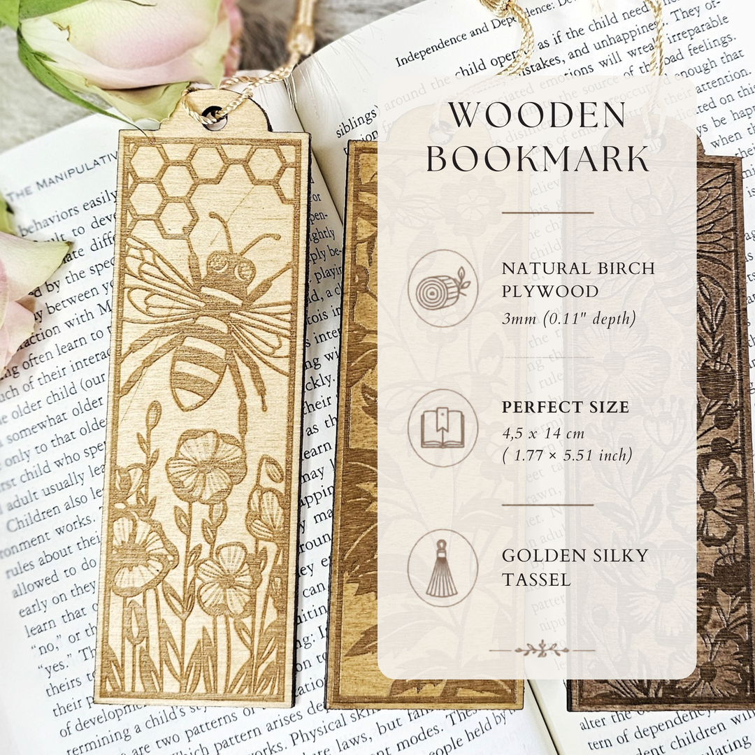 Personalised Bee Wooden Bookmark - Engraved Handmade Floral Bookmark Gift for Book Lovers