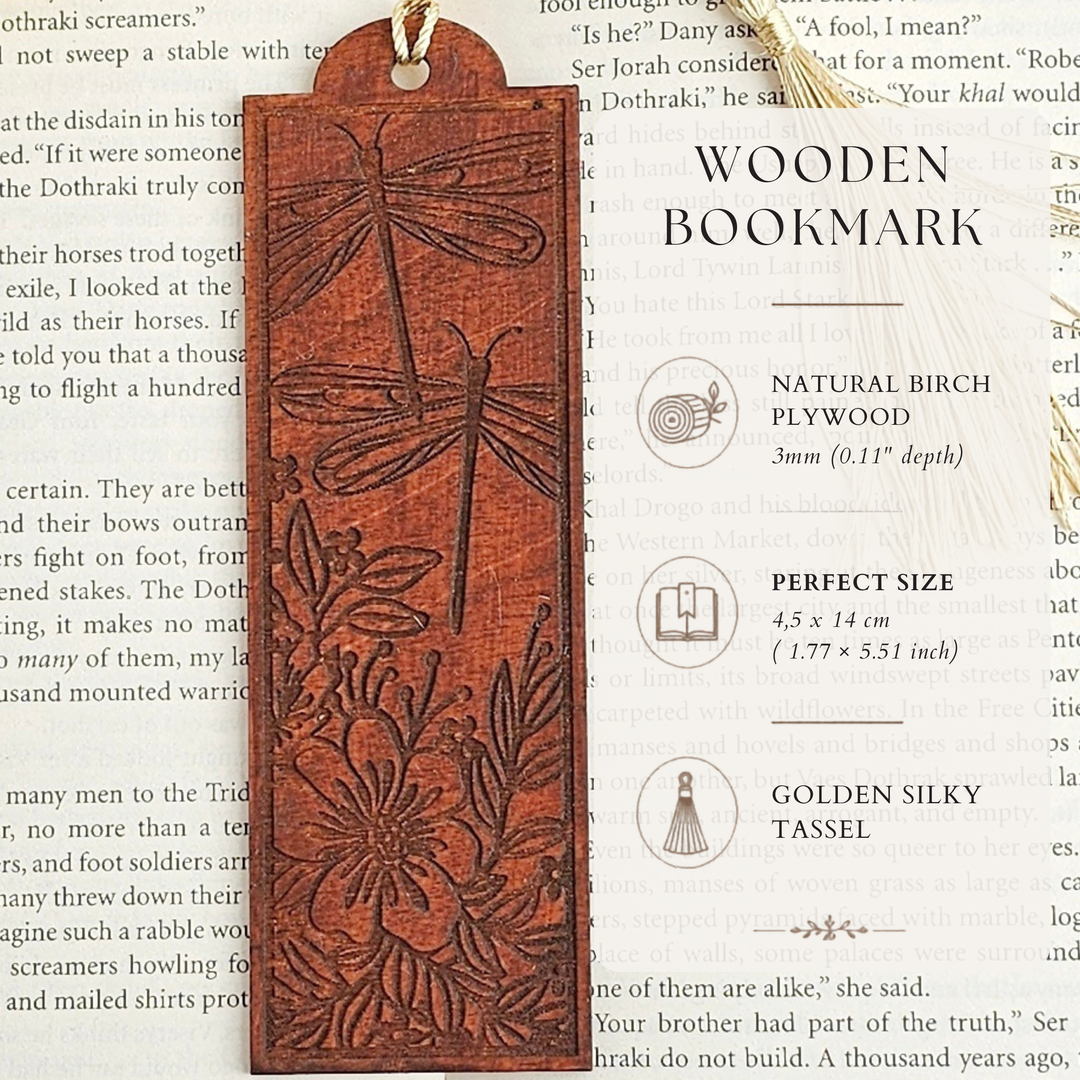 Personalised Dragonfly Wooden Bookmark – Engraved Handmade Gift for Book Lovers