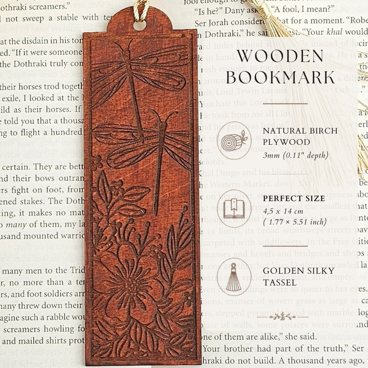 Personalised Dragonfly Wooden Bookmark – Engraved Handmade Gift for Book Lovers