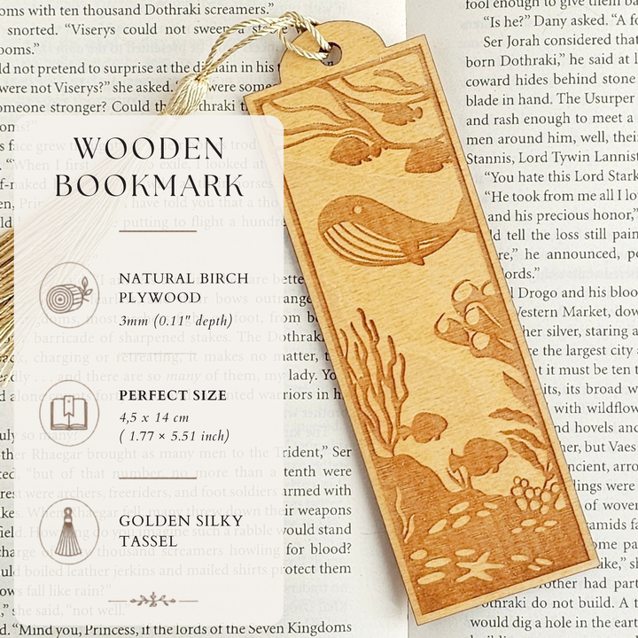 Personalised Sea Animals Wooden Bookmark - Engraved Ocean Bookmark Gift for Book Lovers
