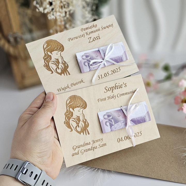 Personalised Money Wallet – Wooden First Holy Communion Gift Card For Girl Keepsake