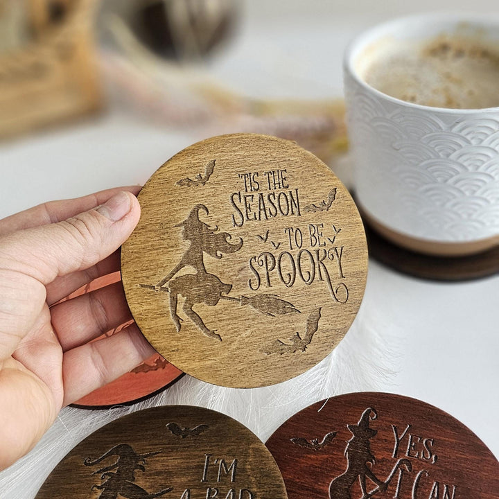 Witchy Halloween Coasters - Wooden Spooky Table Decor - Handmade Housewarming Gift Idea - Tis the season to be spooky