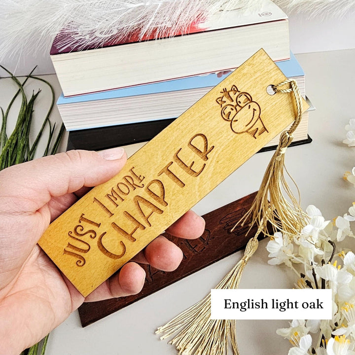 Wooden Bookmark – Personalised Engraved Gift for Book Lovers with Tassel - Just One More Chapter