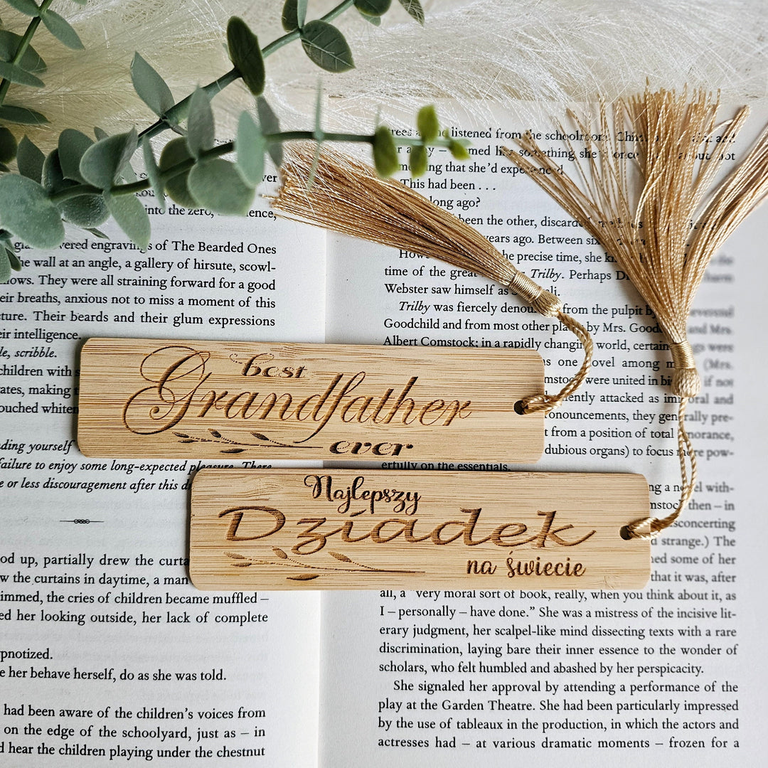 Bamboo wood bookmark with a silky tassel, with personalised option, size 3cmx12cm/25cm, Dzien Dziadka, Grandfather gift, Fathers Day