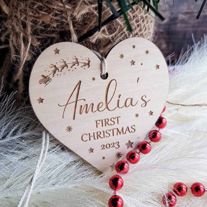 Personalised Baby's First Christmas Tree Bauble - Wooden Keepsake with Santa Sleigh - Custom Name Ornament - Heart Ornament