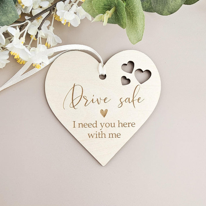 Personalised Drive Safe Wooden Pendant, Car Mirror I Love You Lucky Charm