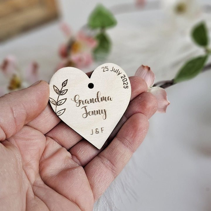 Wedding Place Name Favours, Personalised Engraved Rustic Heart Tags, Botanical Wooden Wedding Keepsakes