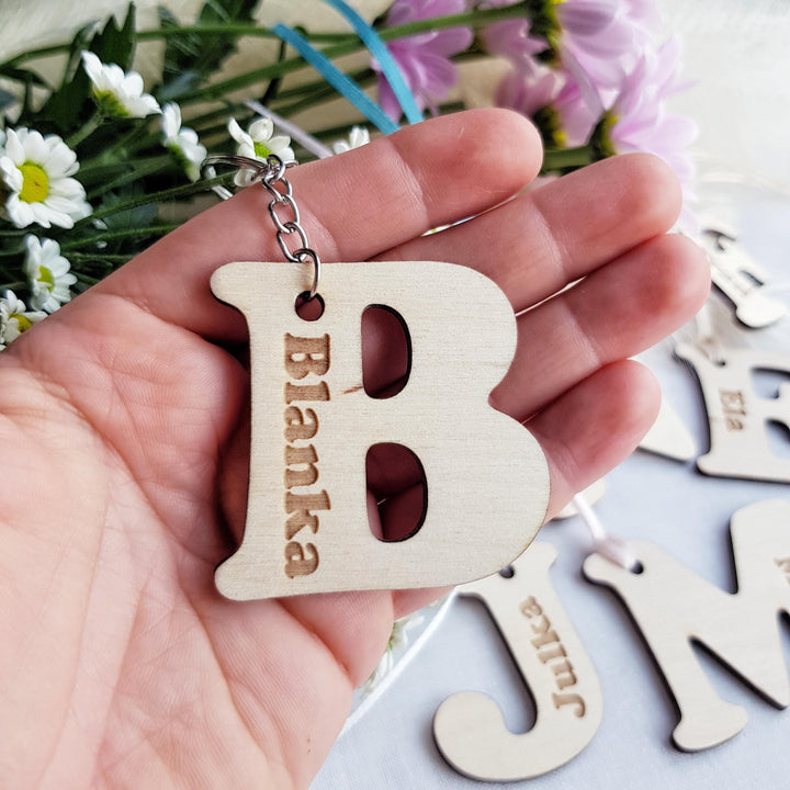 Personalised Wooden Keyring - Kids Name Keychain Back to School Gift Book Bag Tag