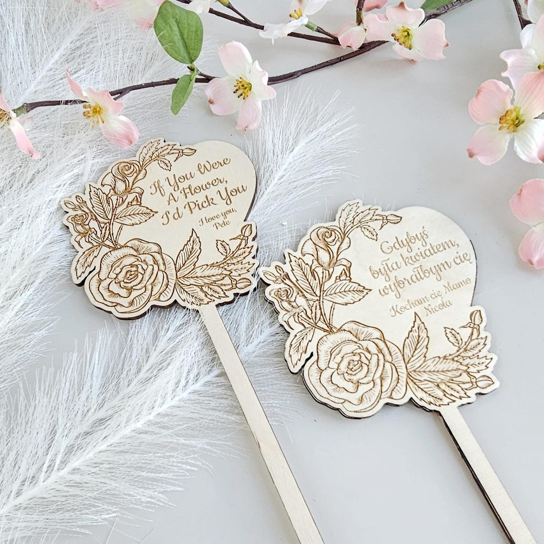 Personalised Plant Gift Tag – Rose Heart Wooden Stake for Birthday & Mother's Day