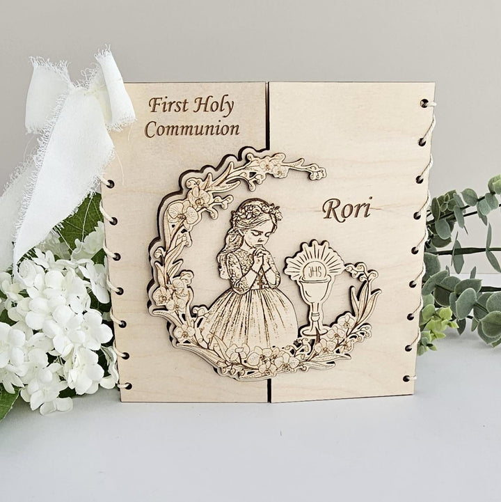 First Holy Communion Wooden Card – Personalised Engraved Polish Keepsake for Girl