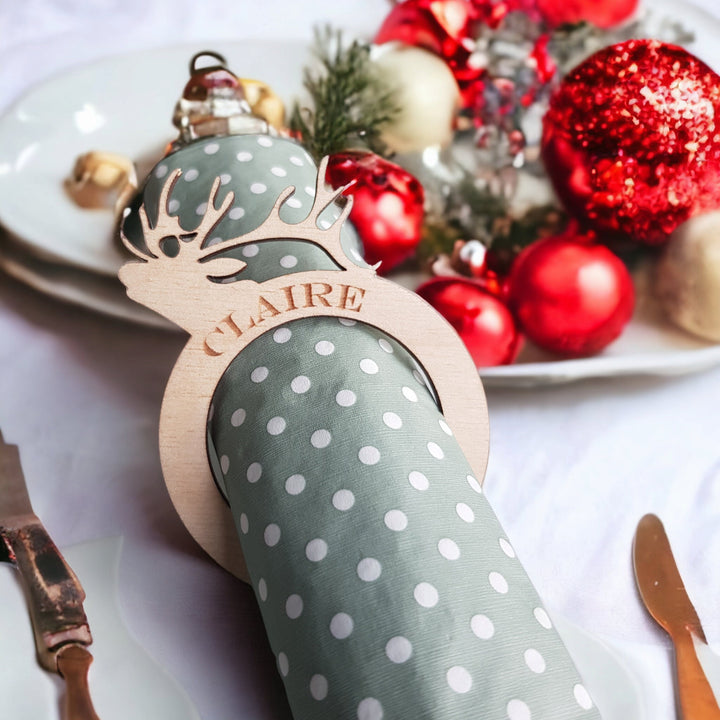 Personalised Rustic Deer Wooden Napkin Ring - Christmas Dinner Table Decoration