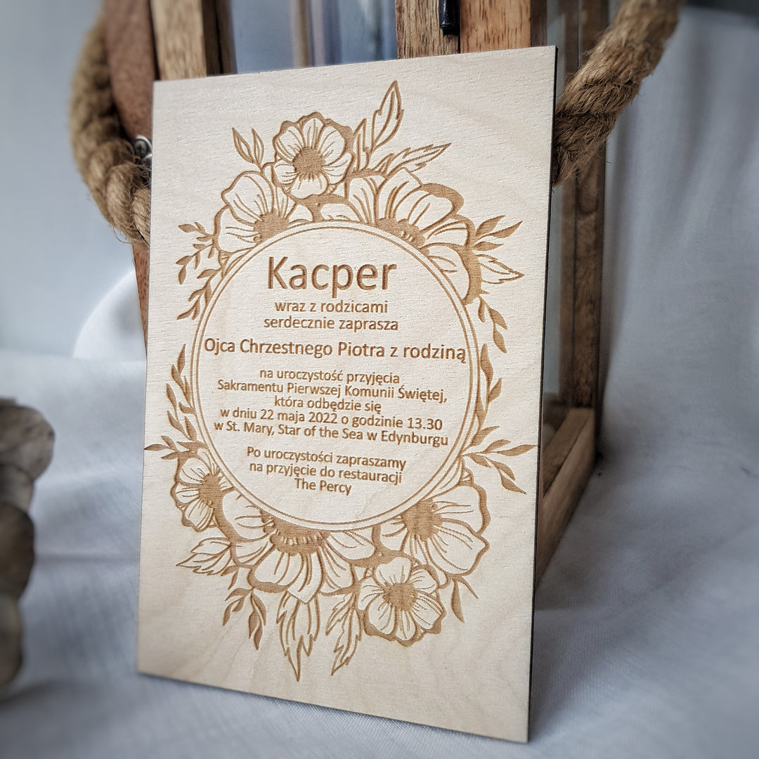 Wooden First Holy Communion Invitation – Personalised Engraved Floral Keepsake Card