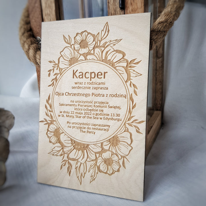 Wooden First Holy Communion Invitation – Personalised Engraved Floral Keepsake Card