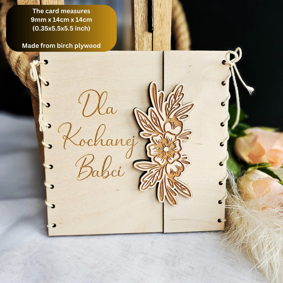 Personalised Rustic Wooden Folding Card Keepsake for Polish Grandmother's Day - Kartka Prezent na Dzien Babci i Dziadka