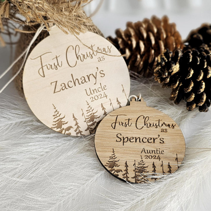 Personalised Eco-Friendly Wooden Christmas Bauble - First Christmas as AuntieUncle Ornament