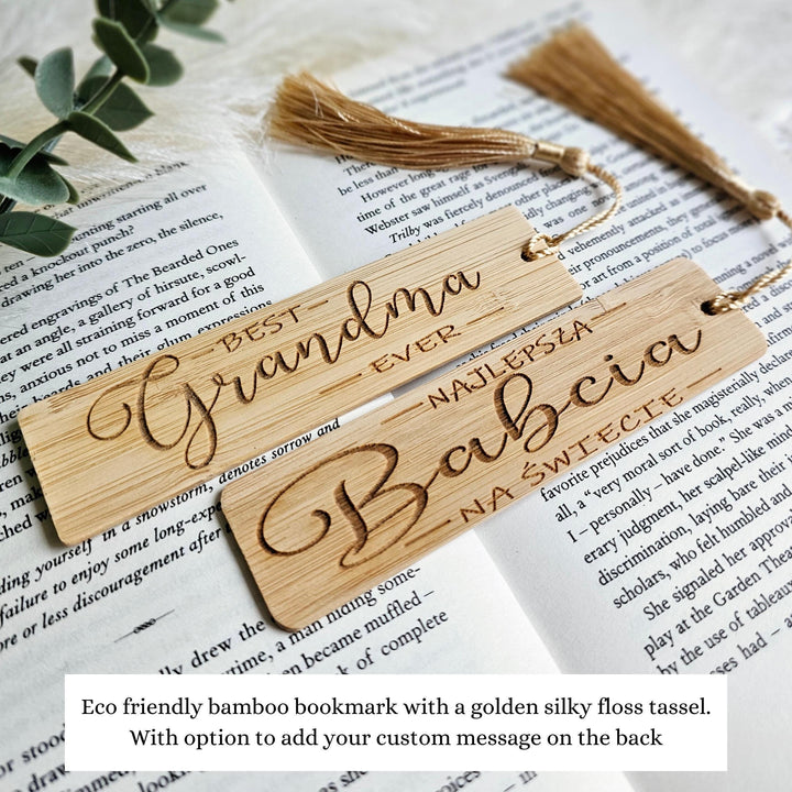 Grandmother Bookmark – Personalised Wooden Bamboo Gift with Golden Tassel for Grandma