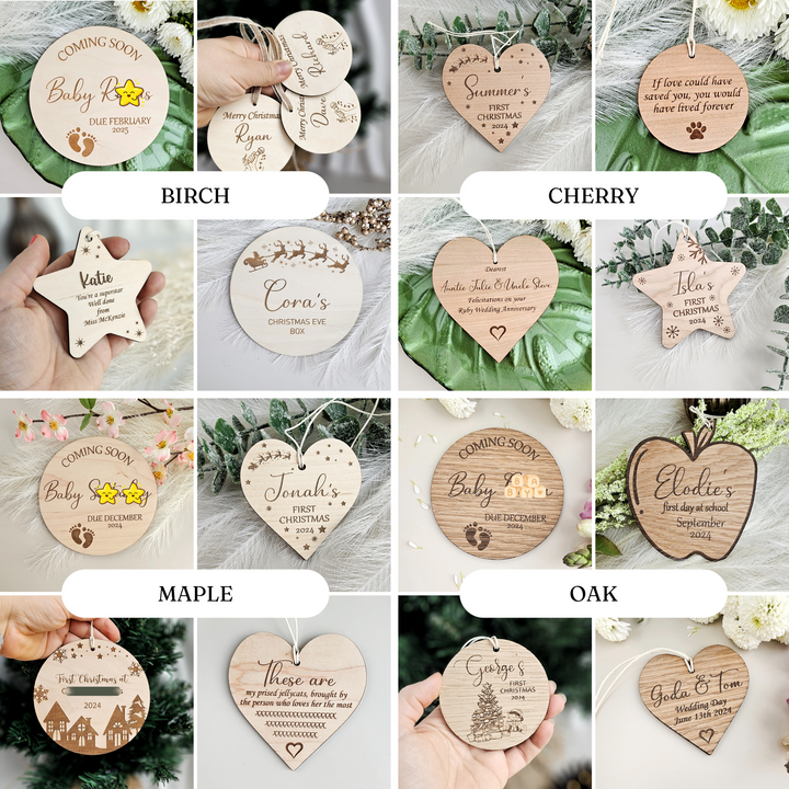 a collage of wooden heart ornaments with names