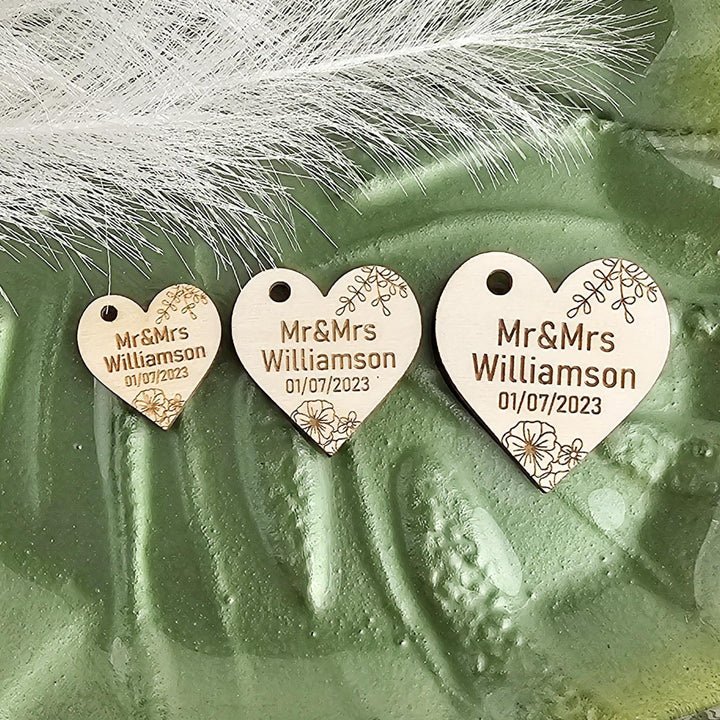 Wedding Heart Favours - Personalised Wooden Thank You Tokens,  Custom Engraved Rustic Gift Tags