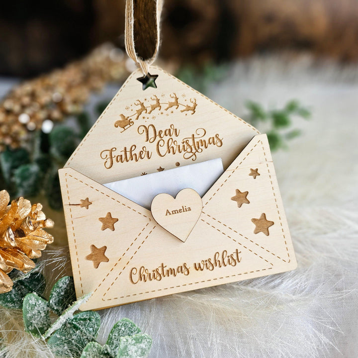 Personalised Wooden Santa Letter Holder - Rustic Christmas Wishlist Envelope
