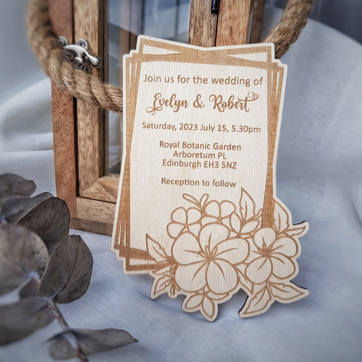 Personalised Rustic Wooden Wedding Invitation - Floral Frame - Birthday Anniversary Baptism Christening Confirmation Party Dinner Invite