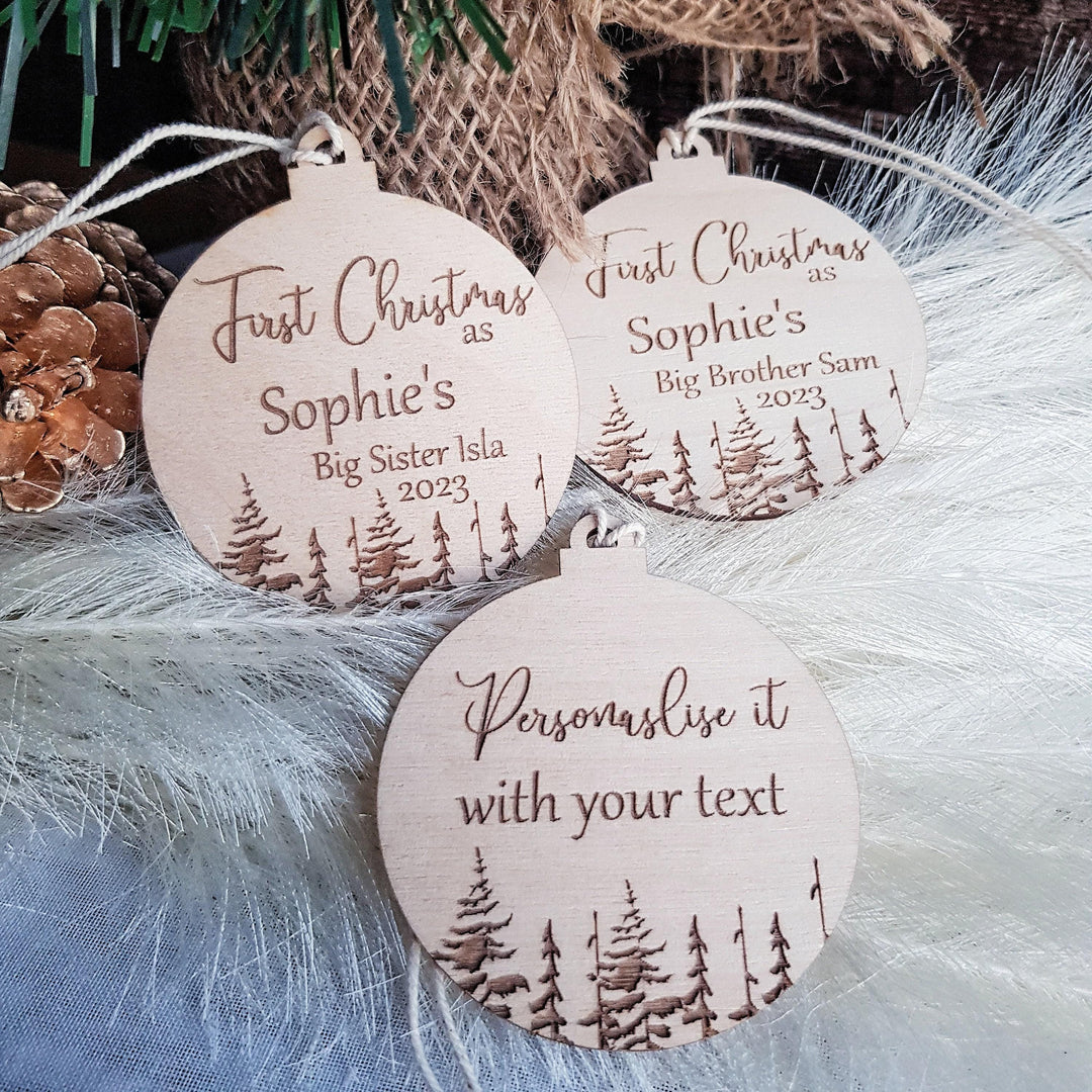 Personalised Wooden Christmas Decoration - First Christmas as SisterBrother Bauble