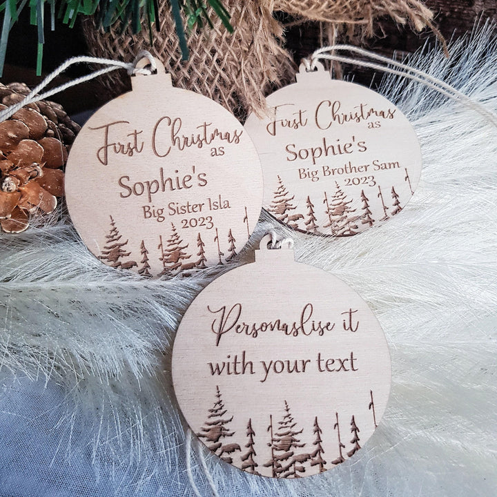 Personalised Wooden Christmas Decoration - First Christmas as SisterBrother Bauble