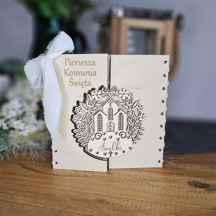 First Holy Communion Card Church Design, Personalised Rustic Wooden Keepsake, Custom message gift, Pierwsza Komunia Swieta